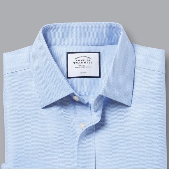 Charles Tyrwhitt Non-Iron Herringbone Cotton Button up Sky Blue Shirt - Picture 6 of 12